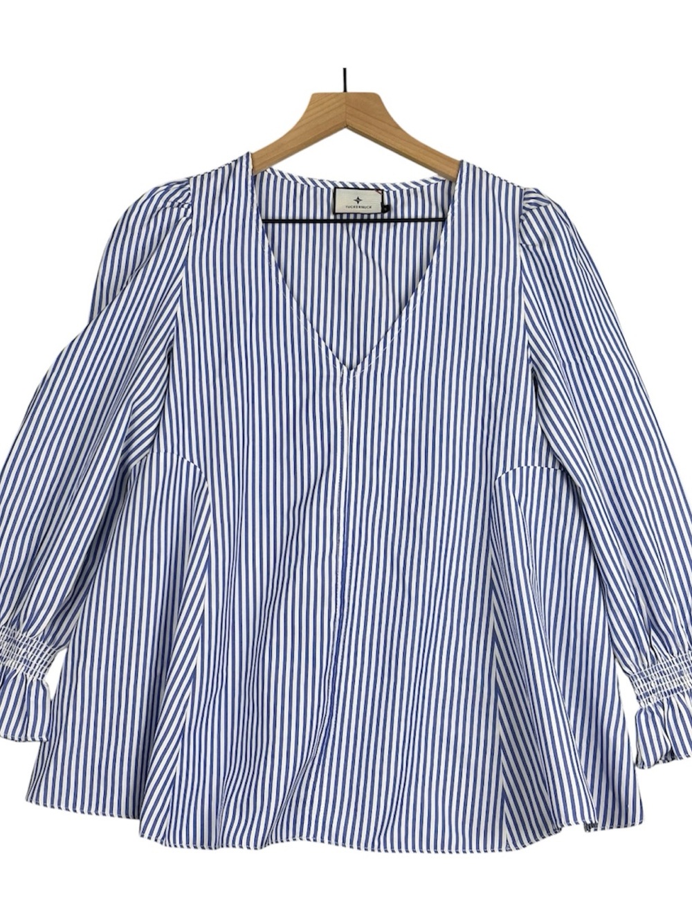 Tuckernuck Easton Blouse Womens Small Blue Striped V-Neck Smocked Puff Sleeves
